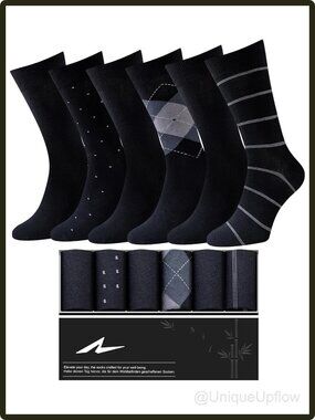 Men's Bamboo Rayon Dress Socks 6 Pairs Mid Calf Geometric Pattern Wedding Black